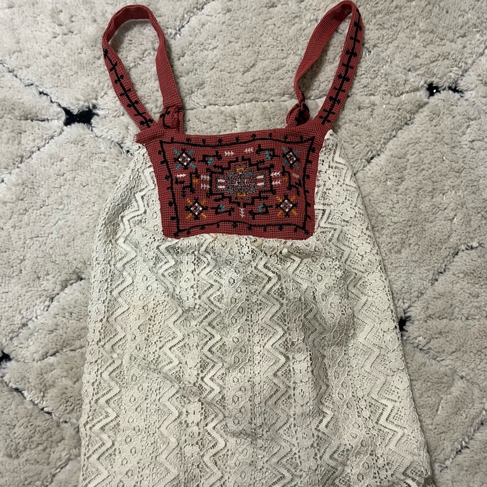 Boho Cream Lace Tank Top with Red Embroidery